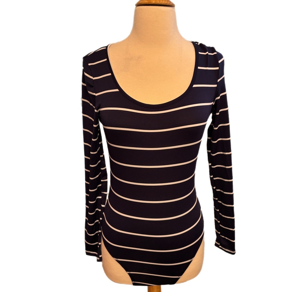 SHEIN Striped Long Sleeve Bodysuit - Navy and White